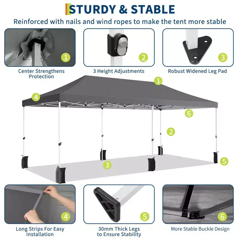 10x20 Heavy Duty Commercial Pop Up Canopy Tent with Roller Bag, 6 Removable Sidewalls, Upgraded Thickened Legs & 6 Sand Bags, Grey