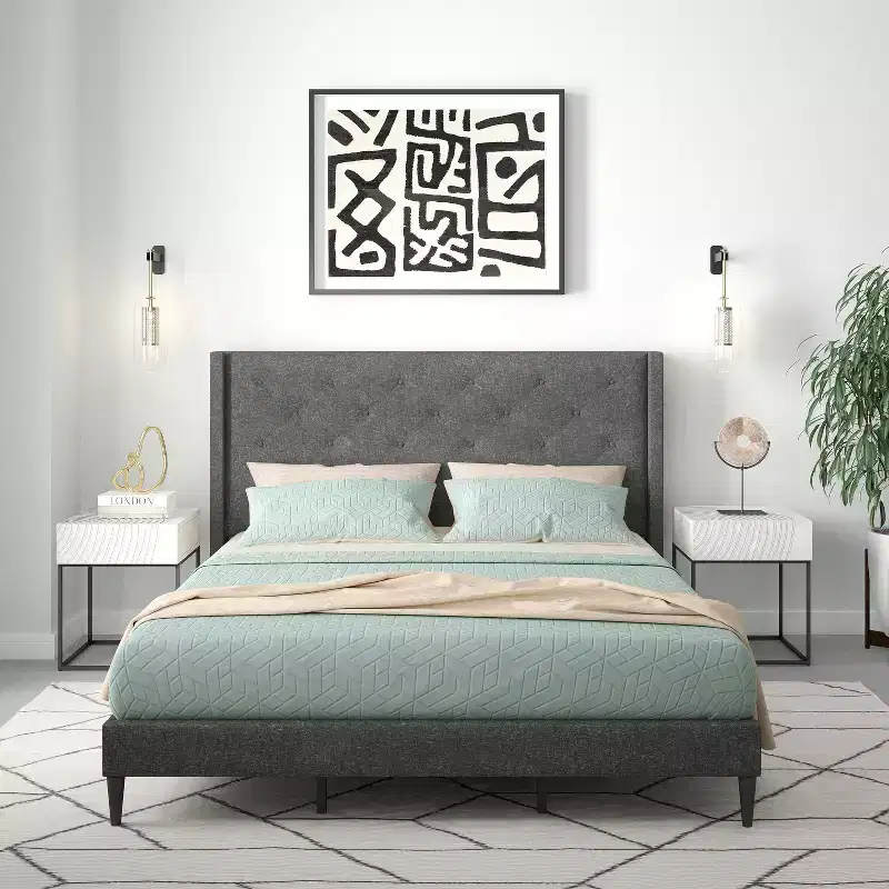Glenwillow Home Huppe Upholstered Platform Bed Frame, Button-Tufted MCM Wingback, Mattress Foundation, No Box Spring Needed, Easy Assembly