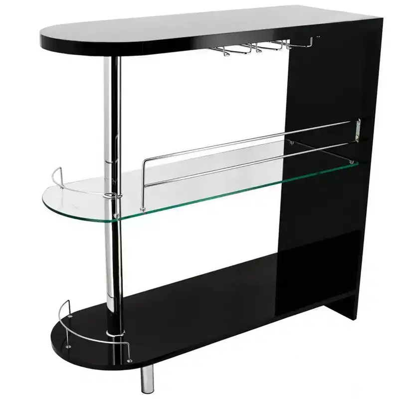 Royal Hampton 42 Inch Modern Bar Table, 3 Shelves, Tempered Glass, Black, Chrome