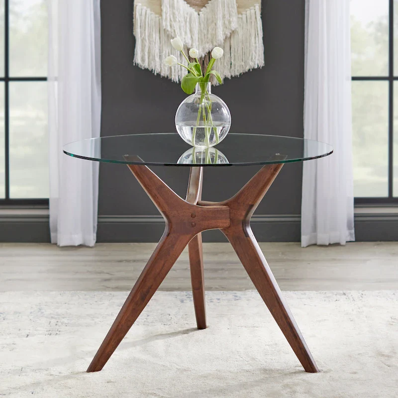 Walnut Round Glass Dining Table, Mid-Century Style, Seats 4