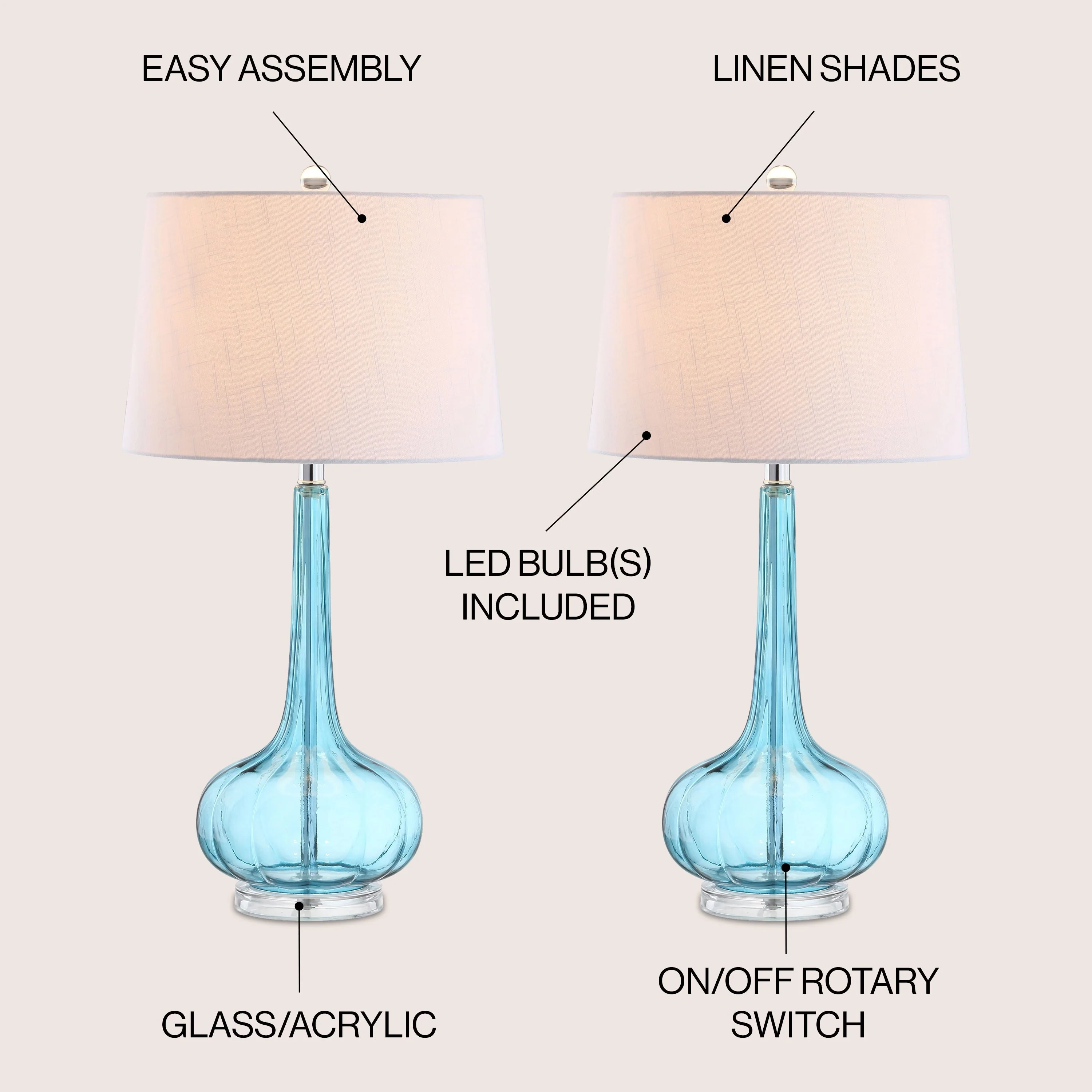 Diamante 28.5 Glass Teardrop LED Table Lamp, Pink (Set of 2) by JONATHAN Y