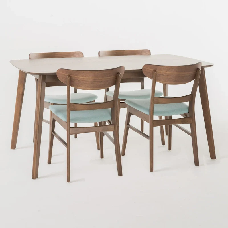 Mid-Century 5-Piece Dining Set, Walnut & Oak Finish, Upholstered Chairs