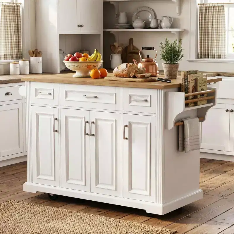 JVNOXK 54inch White Rolling Kitchen Island with Rubber Wood Drop Leaf, 4 Doors 3 Drawers Storage Cart