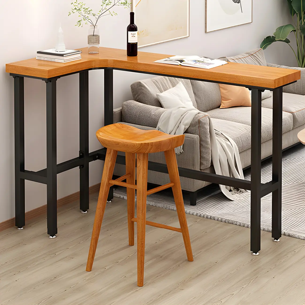 Modern L-Shape Natural Wood Metal Trestle Bar Tables