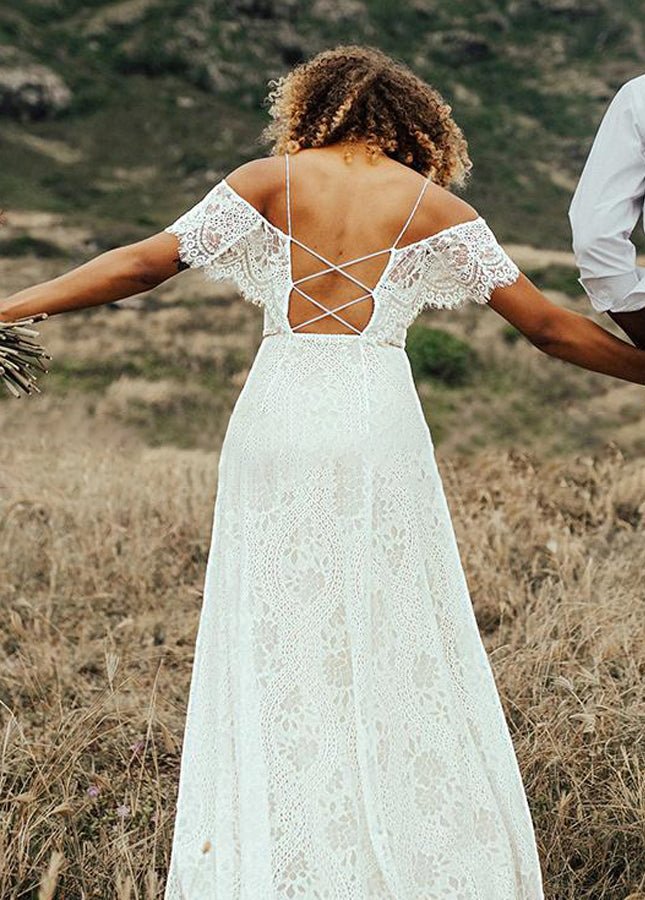 Boho Spaghetti Straps Sleeveless A Line Lace Wedding Dresses