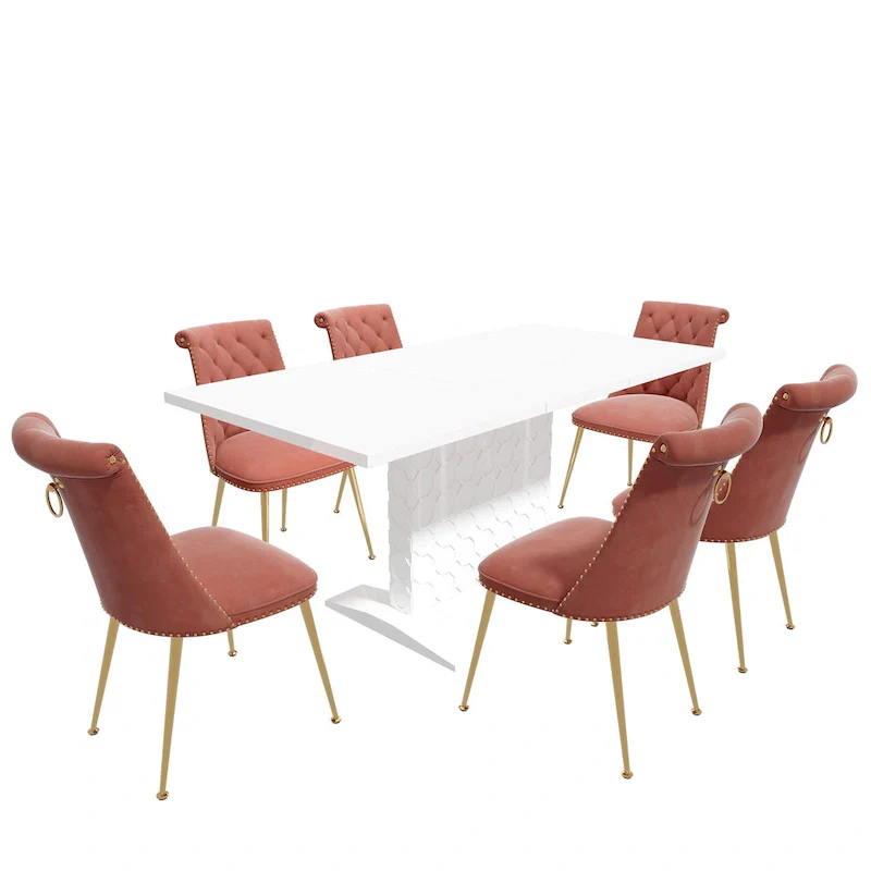 7-Piece Clihome High-gloss Extendable Table Velvet Chair Dining Set