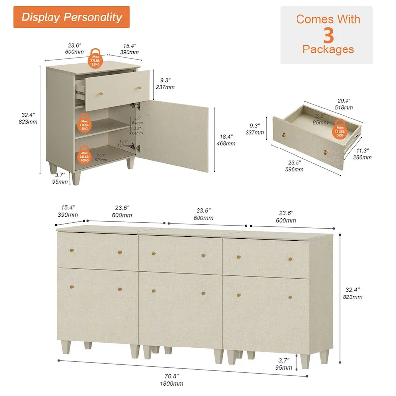 Sideboard Buffet Cabinet with Drawer - Fabric Texture Finish (Beige)