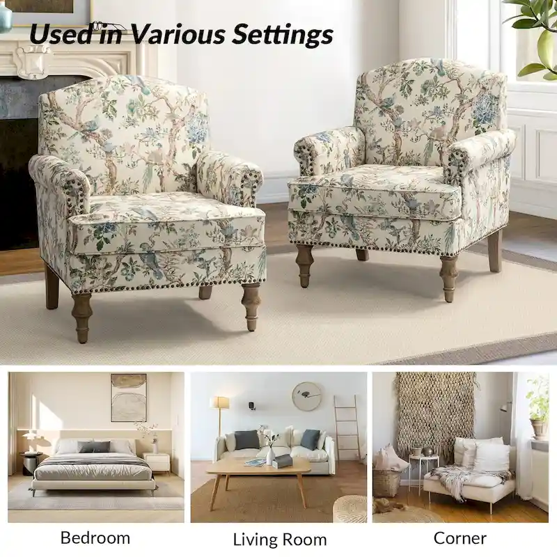 Grey/Navy Farmhouse Nailhead Camelback Armchair, 1-Person