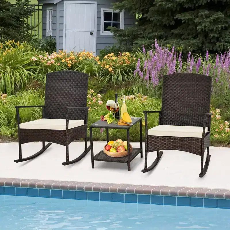Costway 3 Piece Patio Rocking Set Wicker Rocking Chairs with 2-Tier Coffee Table Turquoise/Off White/Black