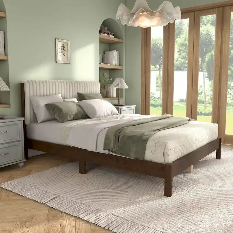 White Boucle/Brown Corduroy Channel Tufted Upholstered Queen Platform Bed, 2-Person