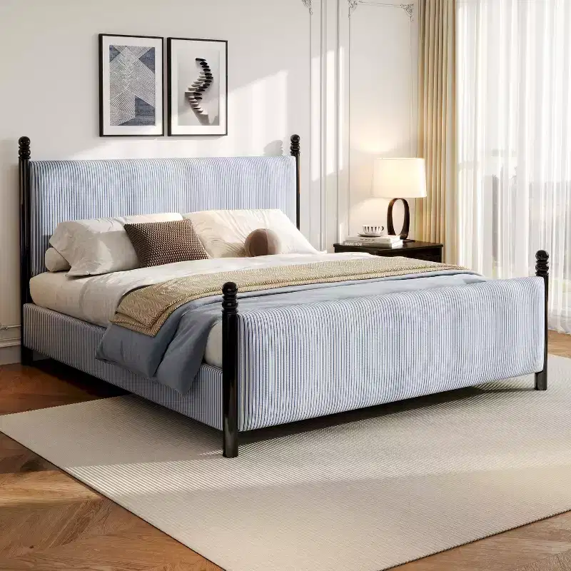 Queen/King Size Upholstered Platform Bed Frame with Padded Headboard, Sturdy Rubberwood Frame & Striped Design,Black + Blue White Stripes - ModernLuxe