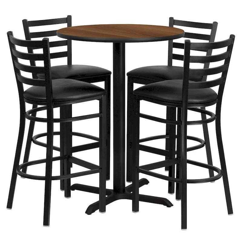 30 Round Laminate Table with X-Base and 4 Ladder Back Metal Barstools