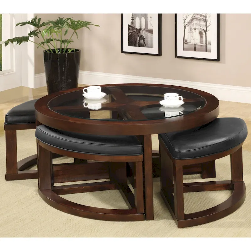 Transitional Walnut 40-inch Glass Top 5-Piece Coffee Table with Ottomans