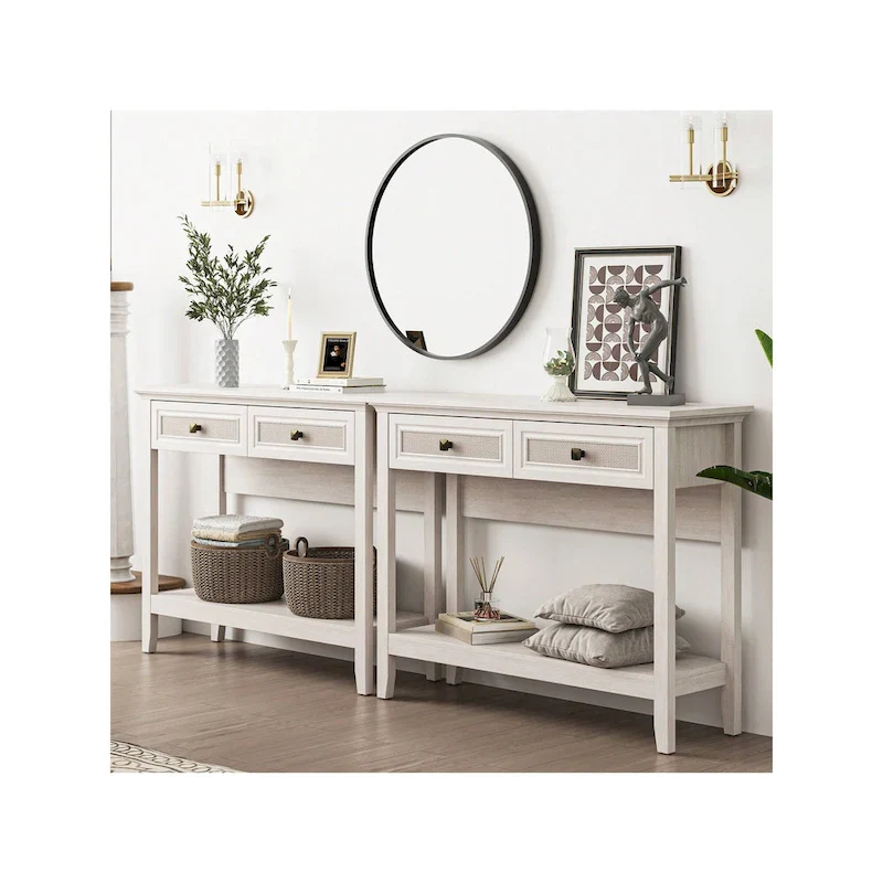 Boho Natural Rattan Console Table With Widened Tabletop & 2 Drawers