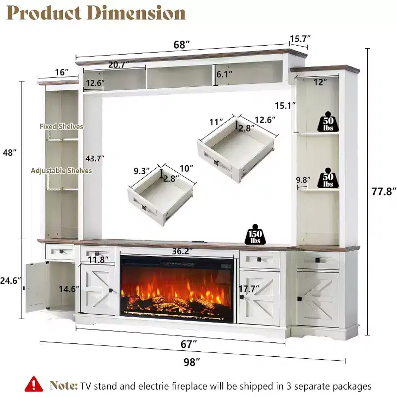 Gray & White Farmhouse Entertainment Center with Fireplace, Fits up to 78