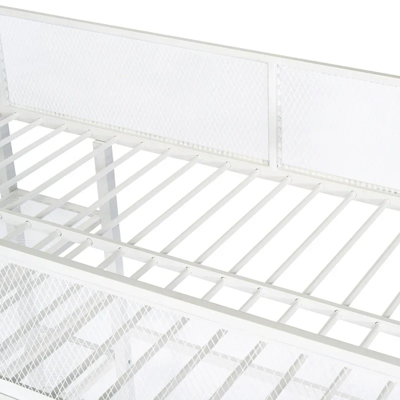 White Twin Metal Loft Bed with Shelves, Workstation, Guardrail