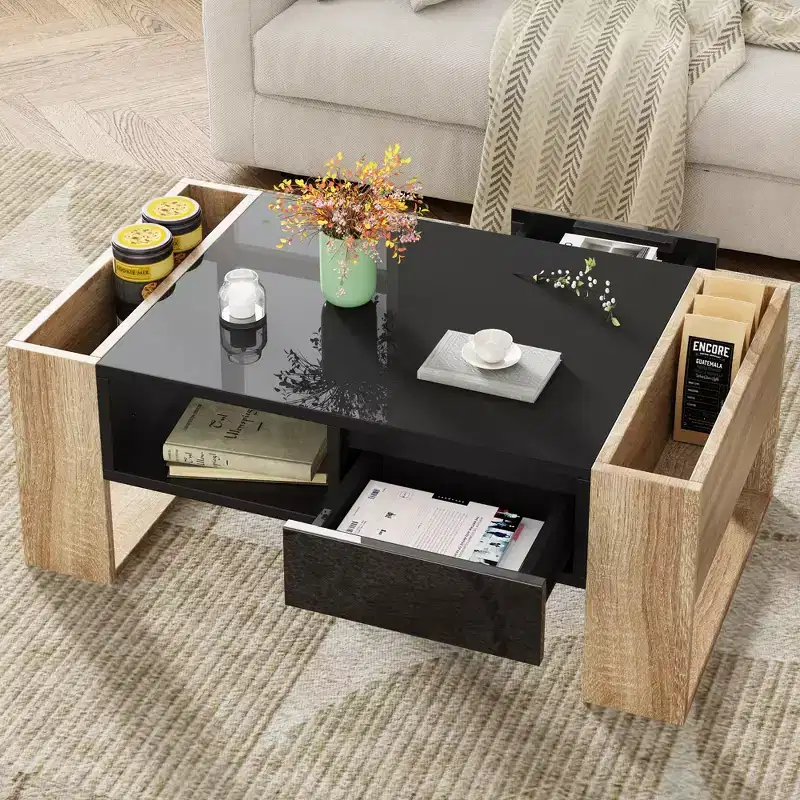 Rectangle Coffee Table with Storage Drawers, High Glossy Two Tone Center Table with Hidden Compartments, End Table with Open Storage Shelf
