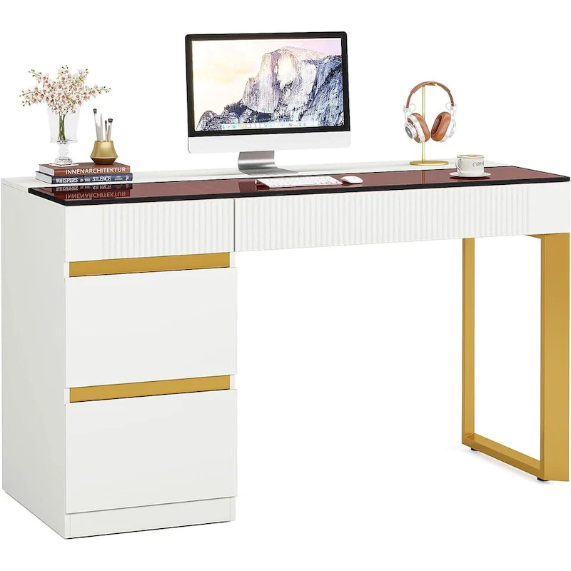 Desk - White & Gold - 4 Drawers with Glass Top