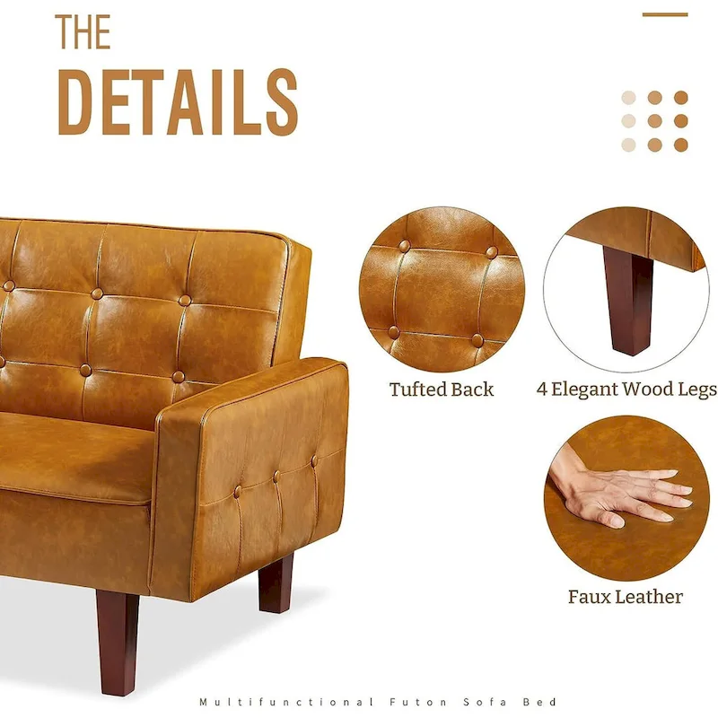 Faux Leather Futon Sofa Bed Sleeper Couch, Mid Century Button Tufted Upholstered Convertible Sofa Bed with Wooden Legs