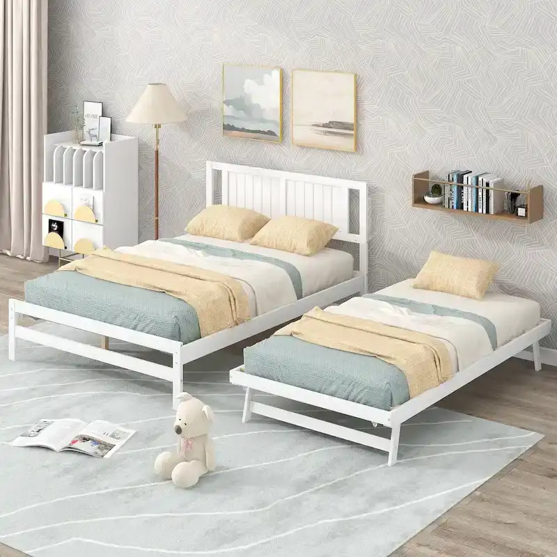 White Full+Twin Platform Bed with Adjustable Trundle, Sleeps 2