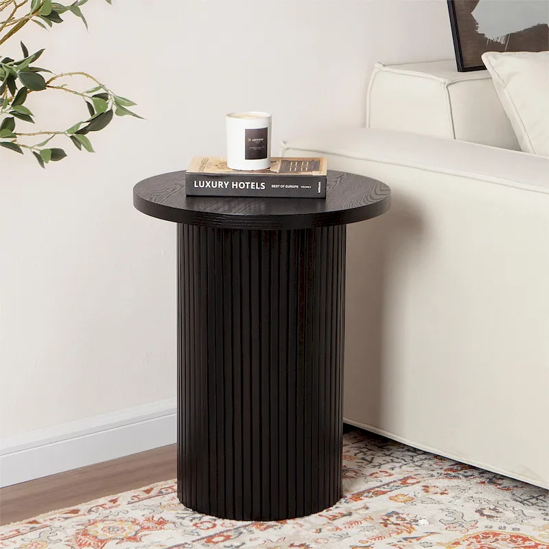 Round Wood End Table Fluted Pedestal Side Table