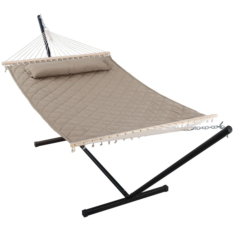 Double Hammock with 12 Feet Heavy Duty Steel Stand Combo, 2 Person Quilted Fabric Hammocks with Stand,450 LBS Weight Capacity