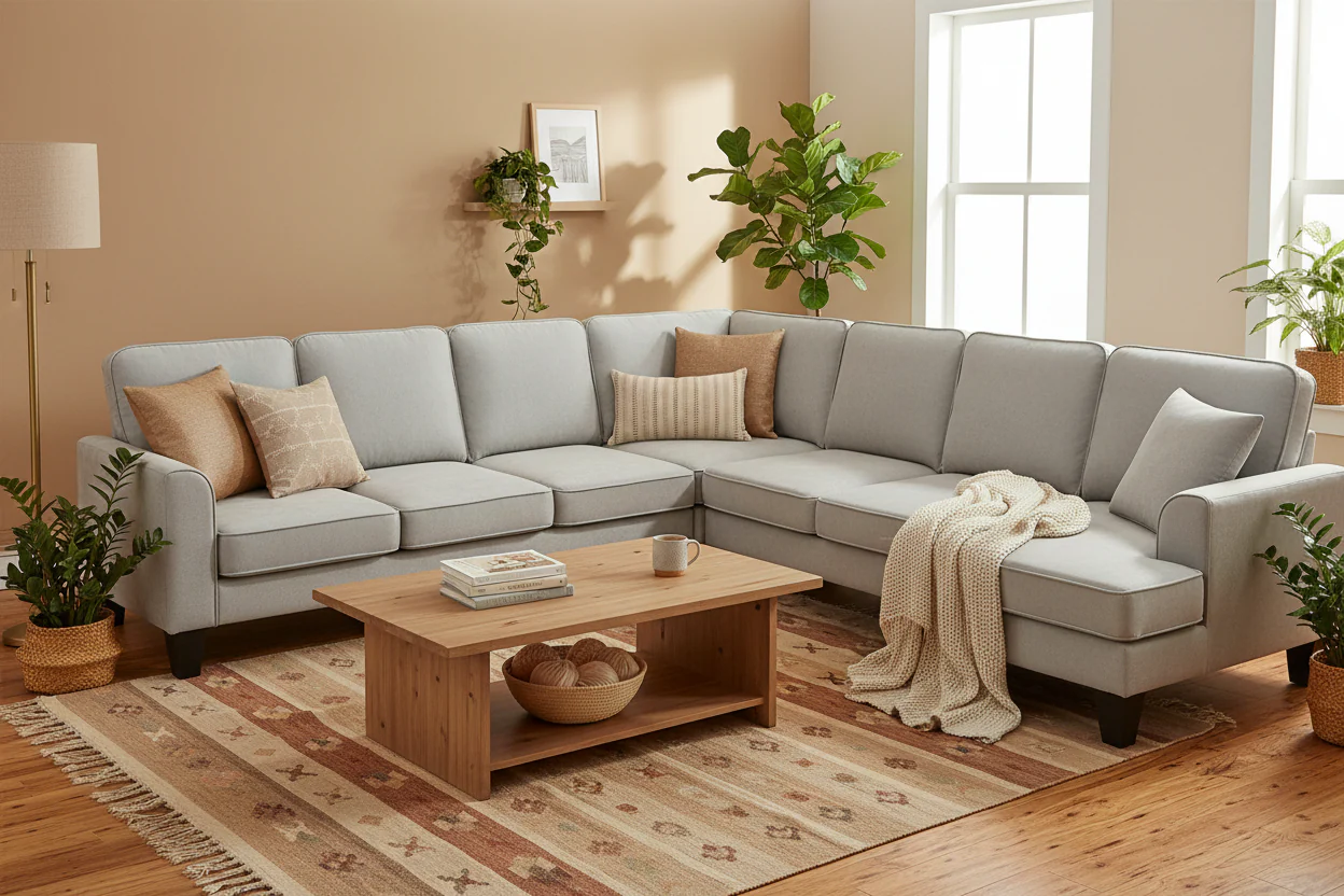 Modern U-Shaped 7-Seater Fabric Sectional Sofa Set with 3 Pillows, 108