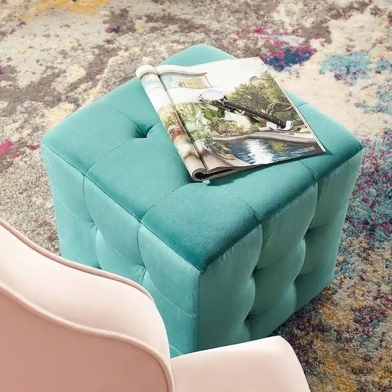 Harmony Teal Velvet Upholstered Tufted Cube Ottoman