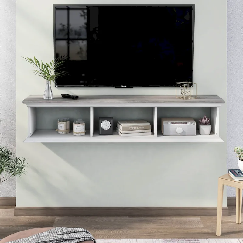 DH BASIC Transitional White 63-Inch 3-Shelf Floating TV Stand by Denhour