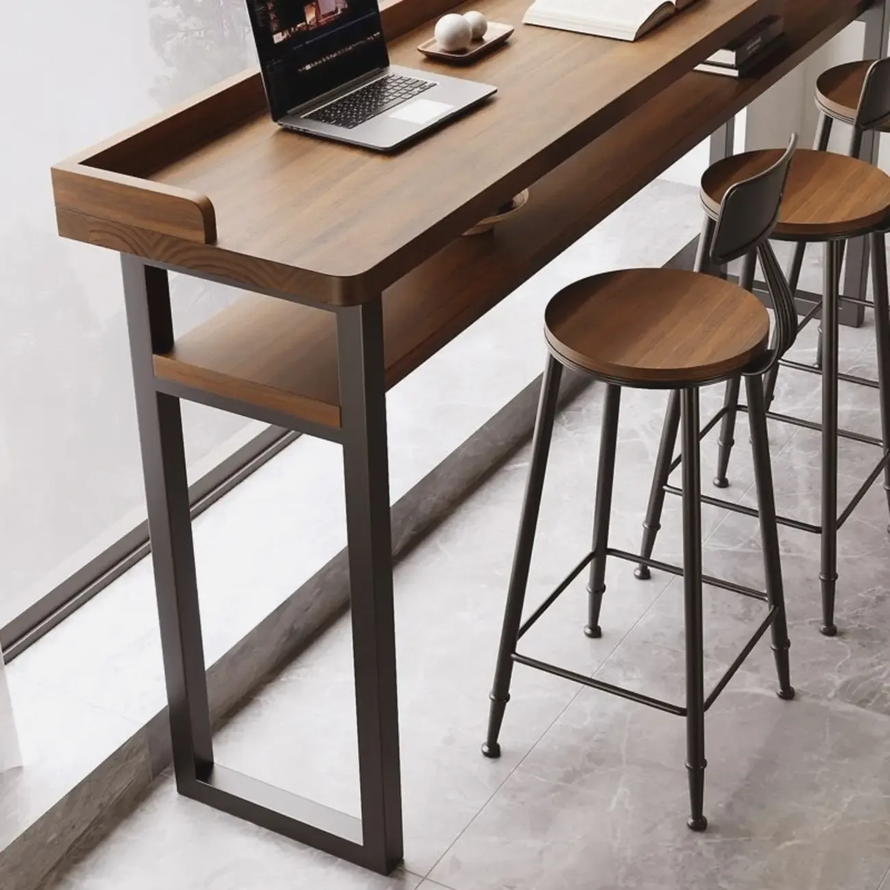 Modern Brown Tray Top Wooden Iron Shelf Bar Tables