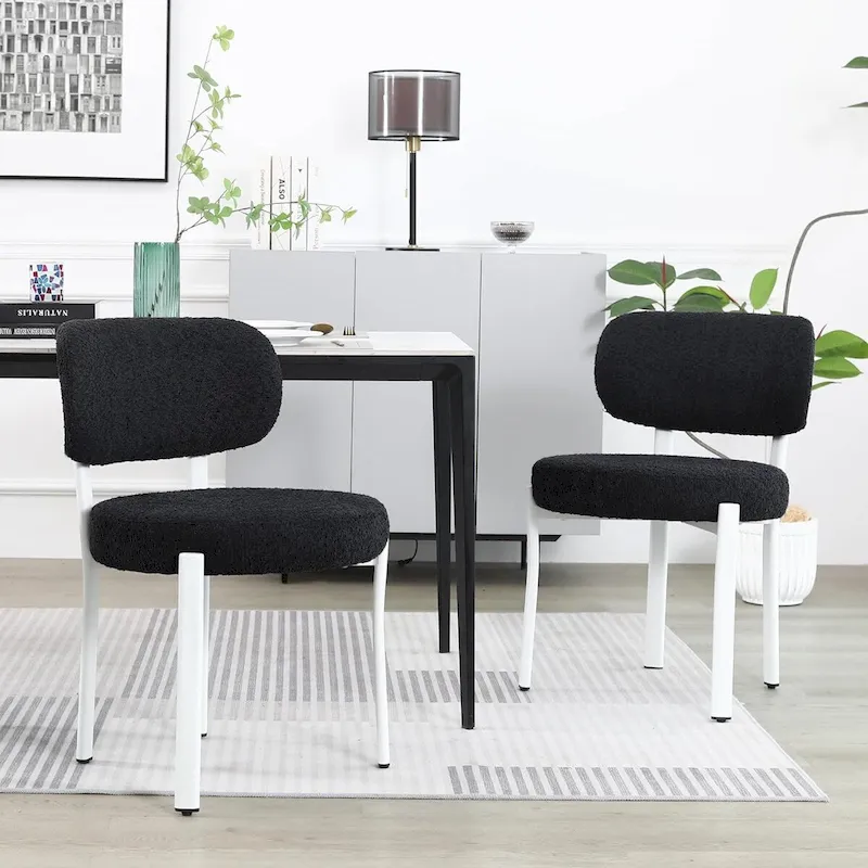 Upholstered Modern Boucle Dining Room Chairs with White Metal Legs