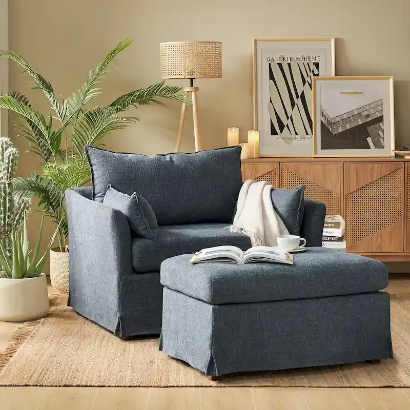 Sophie Modern Oversized Slipcovered Armchair and Ottoman with Lockable Rear Wheels by HULALA HOME