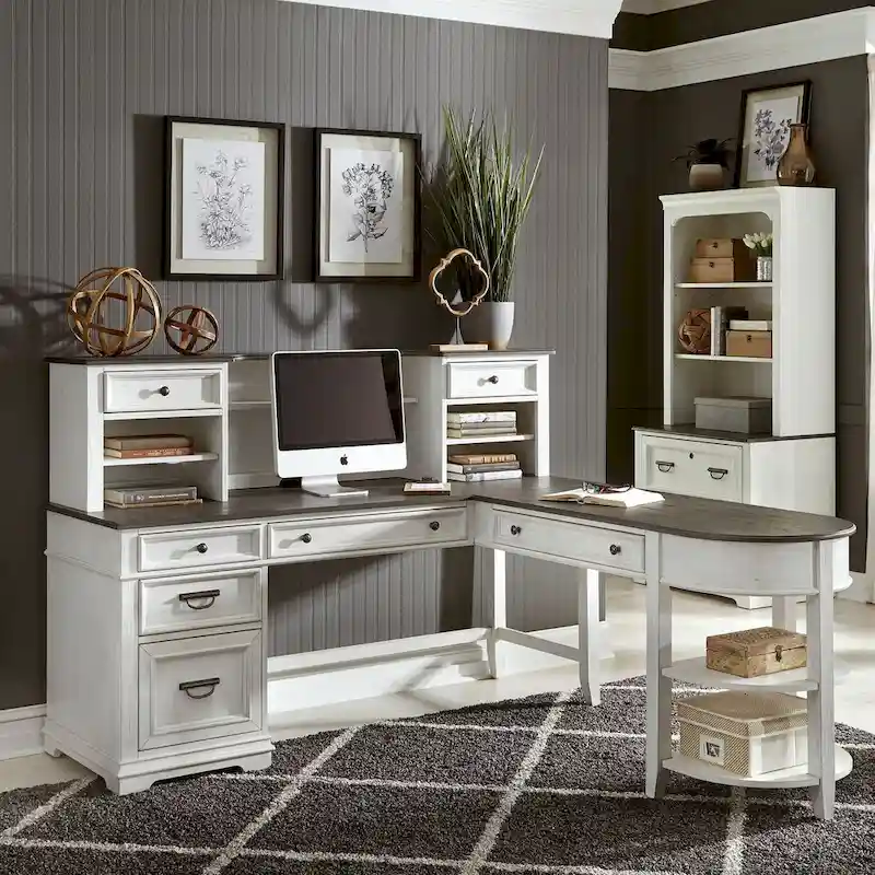 Allyson Park Wirebrushed White Charcoal L Shaped Desk Set