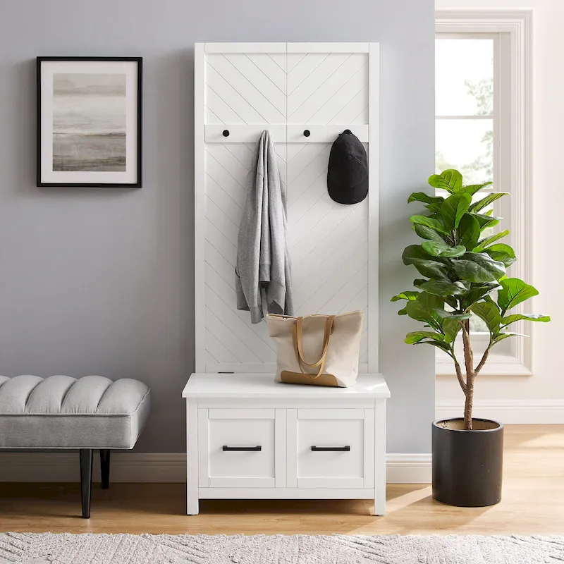 Hall Tree with Lift-Top Storage Bench & Hooks – White Herringbone, 30