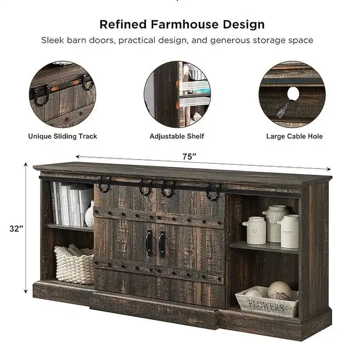 Modern Grey Sideboard Buffet Cabinet with 3 Drawers & Adjustable Shelves