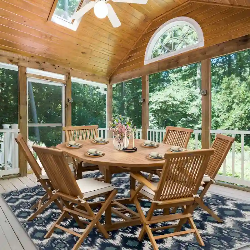 Chic Teak 7 Piece Teak Wood Miami Patio Dining Set with Round to Oval Extension Table, 2 Arm Chairs and 4 Side Chairs