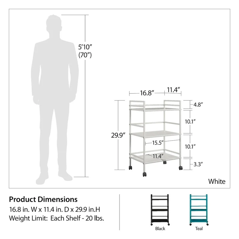 Avenue Greene Emerald 3 Shelf Metal Rolling Utility Cart