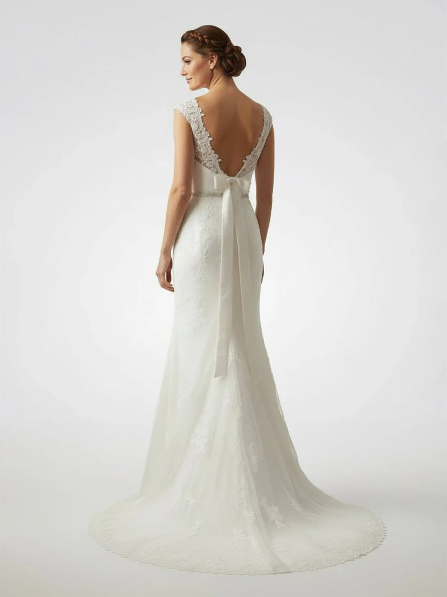 Bateau Neck Cap Sleeve Fit and Flare Lace Wedding Dress