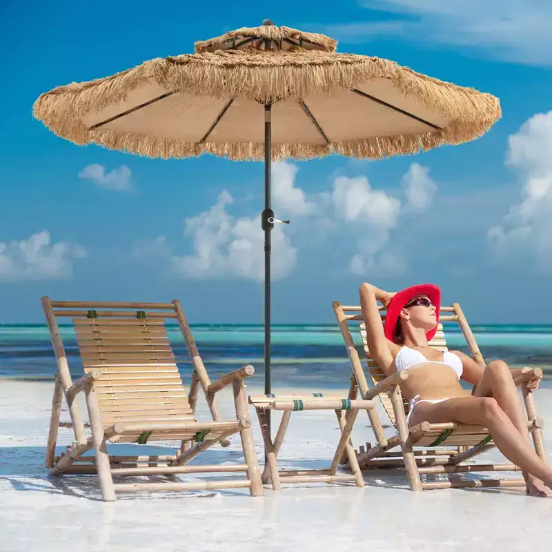 Costway 9 ft Outdoor Tiki Umbrella Double-Roof Hawaii Style Umbrella W/ Tilt Mechanism & Hand Crank 9-Tier Endothermic Straw 8 Sturdy Steel Ribs