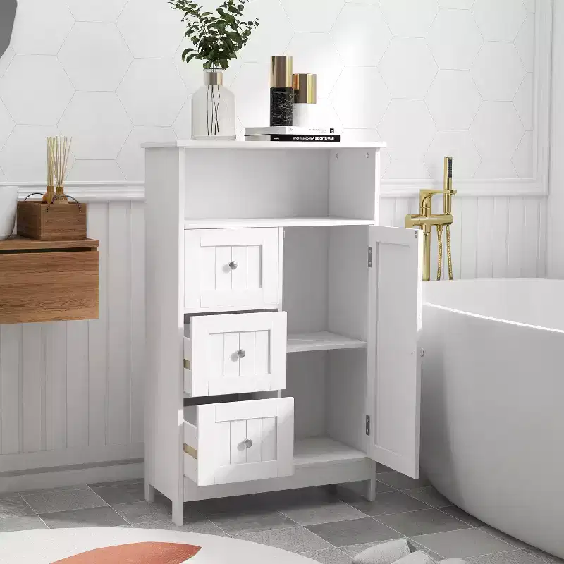 Bathroom Single Door Cabinet With 3 Drawers, Multi-functional Wooden Storage Cabinet For Bathroom Kitchen Living Room Hallway Apartment White