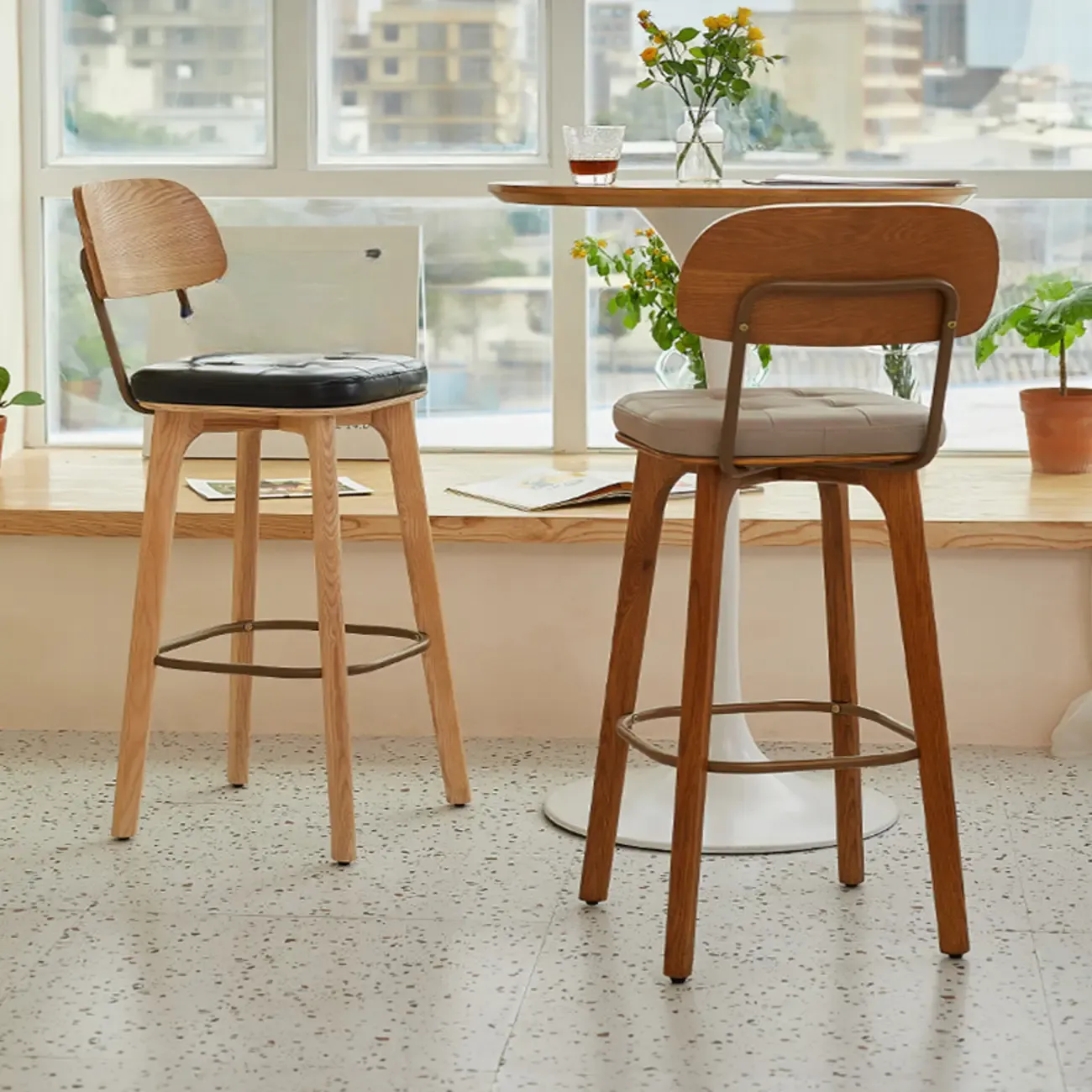 Mid-Century Modern Leather Square Bar Height Stools with Backs