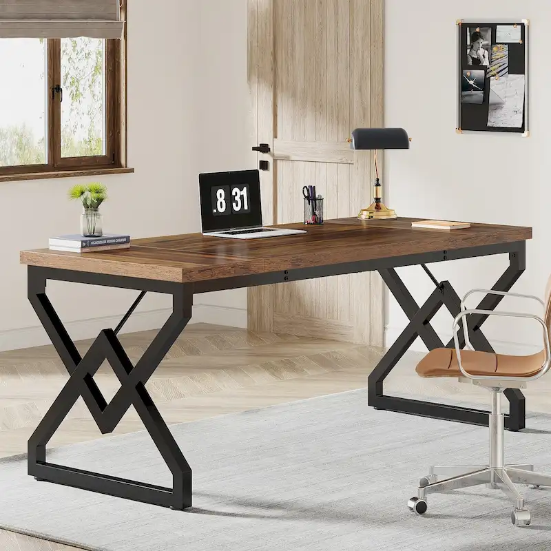 63-inch Large Office Desk with Metal Frame and Wooden Tabletop
