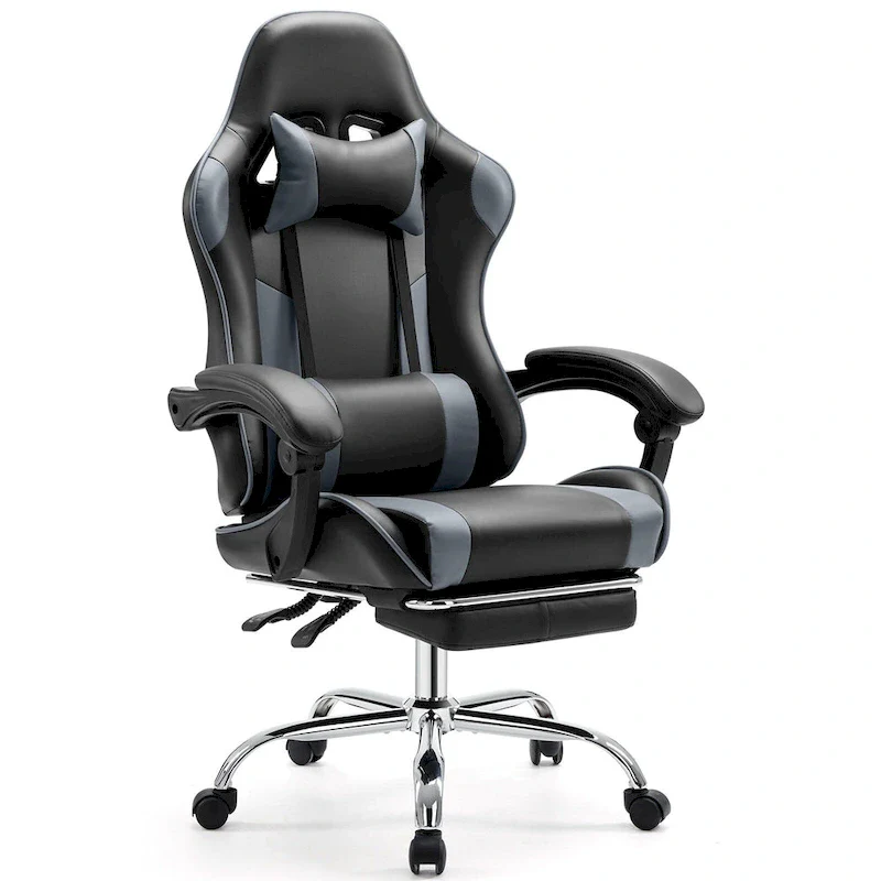 Black + Gray Ergonomic PU Leather Gaming Recliner Chair with Footrest & Lumbar Support - Single Use