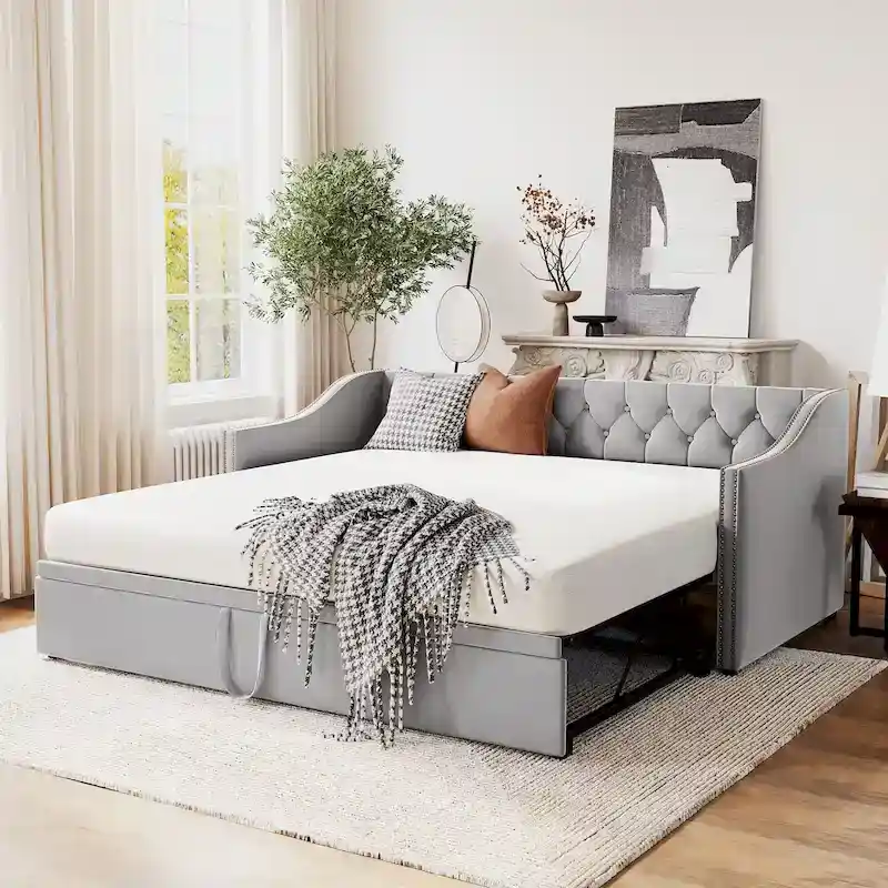 Twin Size Velvet Upholstered Daybed with Pop-Up Trundle