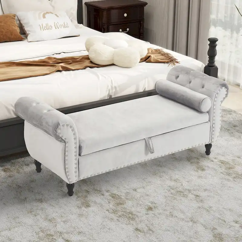 Gray / Beige / Pink / Navy Blue Velvet Storage Ottoman Bench, Single-Seat, with Pillow