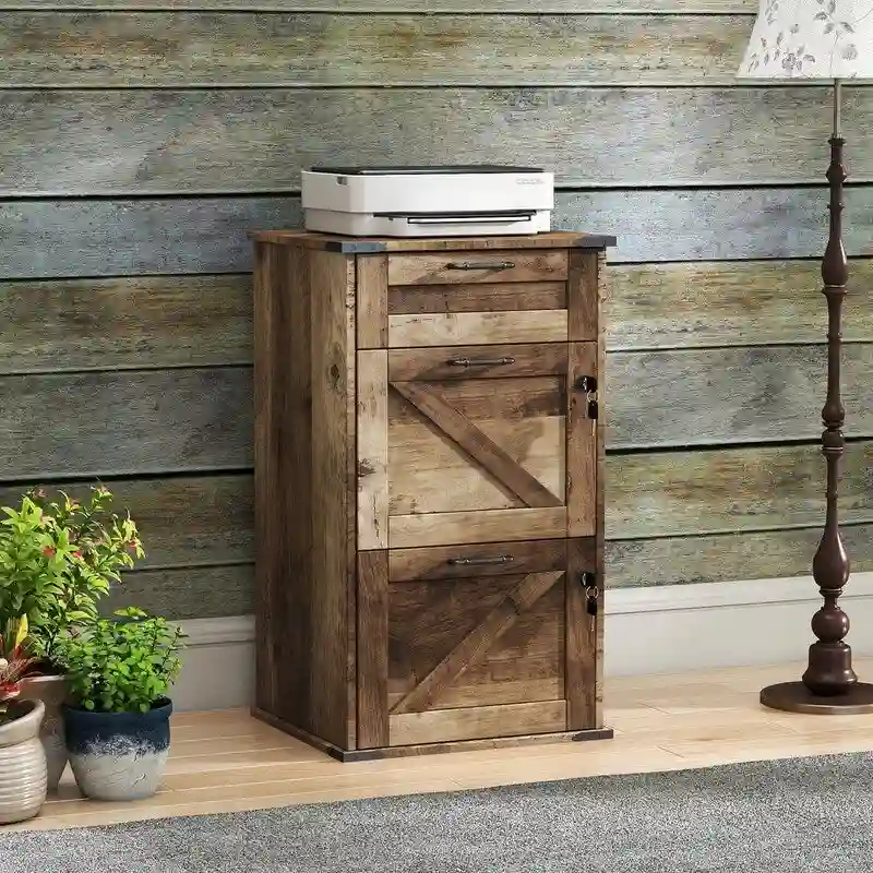 Grey/White/Brown Barn Door Style 3-Drawer Filing Cabinet with Lock, 1-Person