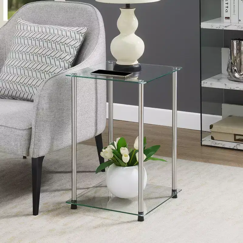 HomeStock Belmont Glass 2 Tier Square End Table, Modern Accent Side Table with Tempered Glass Shelves and Stainless Steel Frame