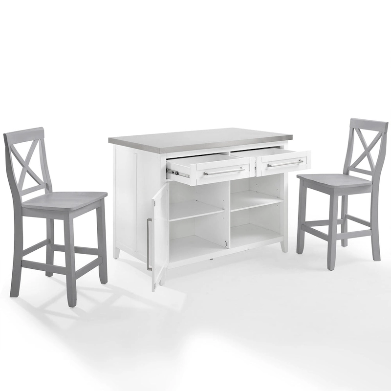 Crosley Silvia Stainless Steel Top Kitchen Island W/X-Back Stools - 57d x 46w x 41h
