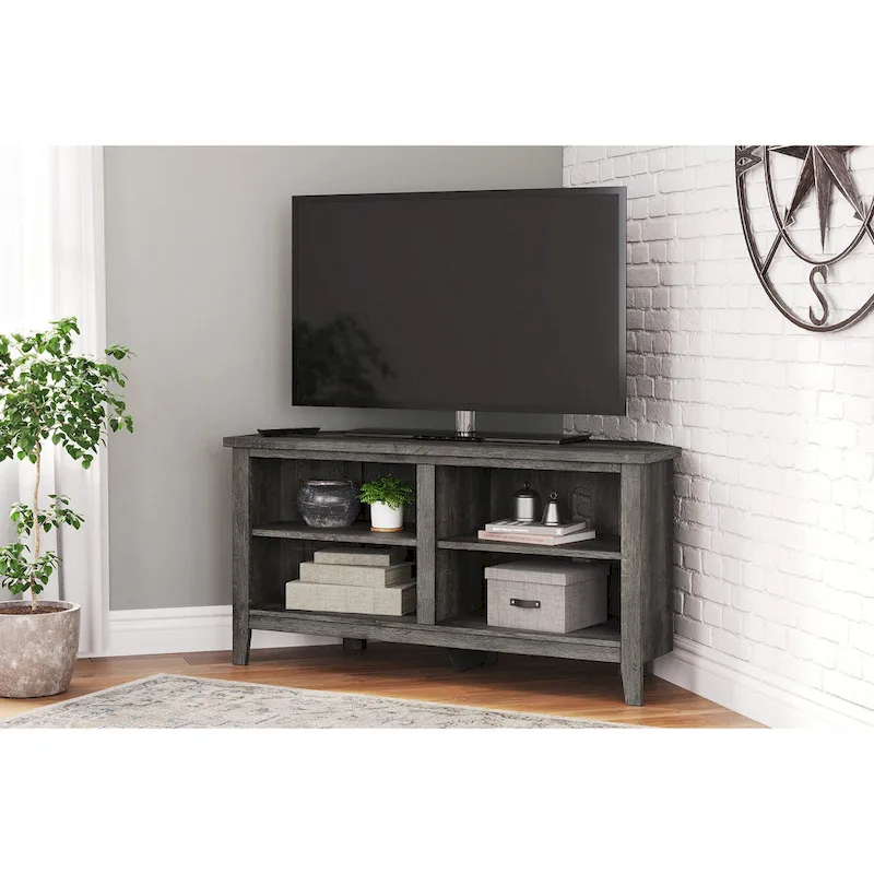Corner TV Stand in Weathered Oak Finish with Wire Management Shelves