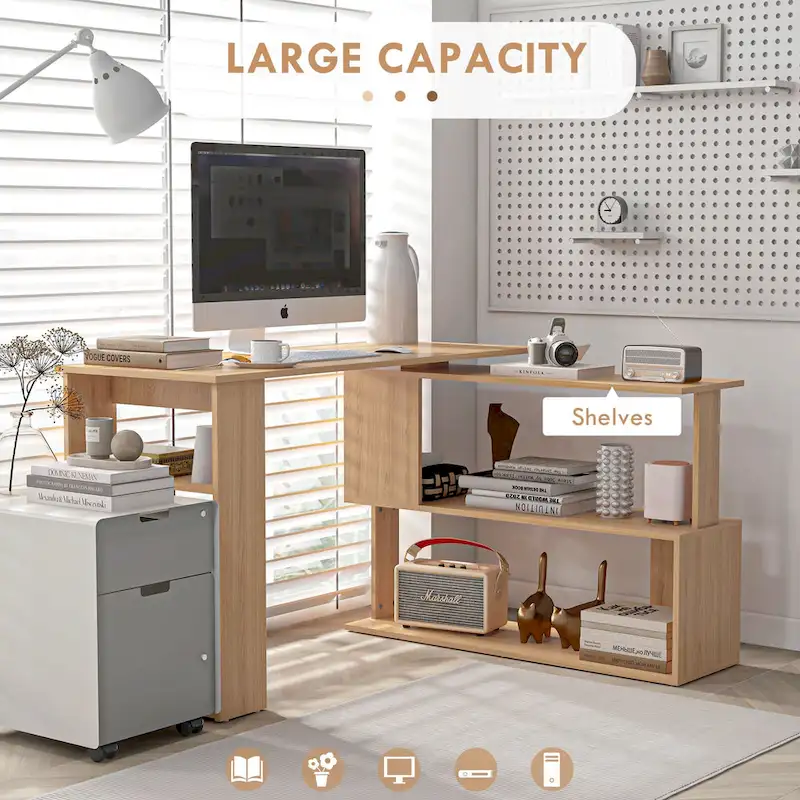 L-Shaped Computer Desk with Shelves - Brown Wood